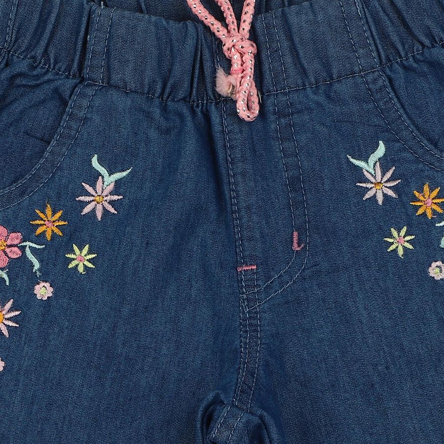 Girls Blue Straight Fit Embroidered Jeans, Mid Blue, large