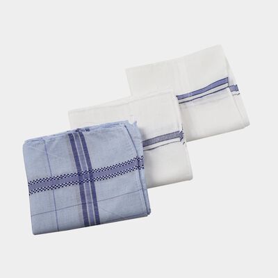 Men's Blue and White Checked and Striped Pack of 3 Handkerchief