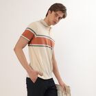 Men's Beige and Orange Polo Neck Striped T-Shirt, Off White, small