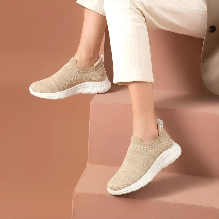 Women's Beige Slip-On Casual Sneakers, Beige, large