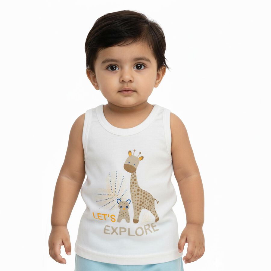 Infants' Bright White Cotton Round Neck Casual Vest, ऑफ व्हाइट, large image number null