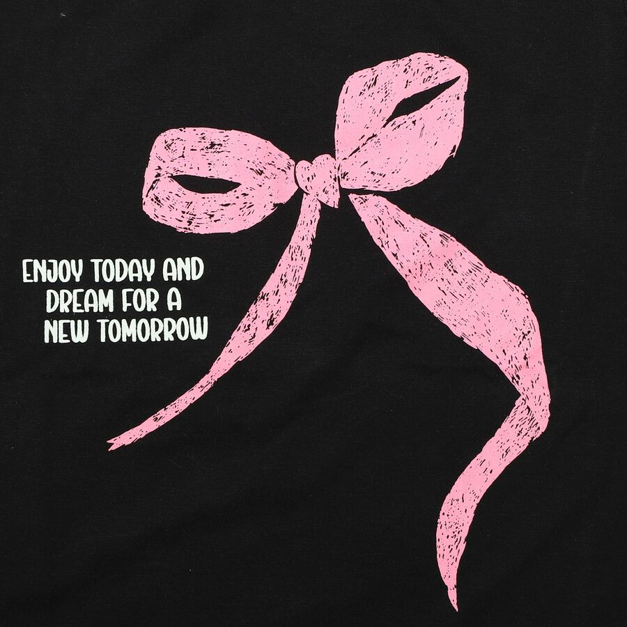 Girls Black Round Neck Regular T-Shirt, काला, large