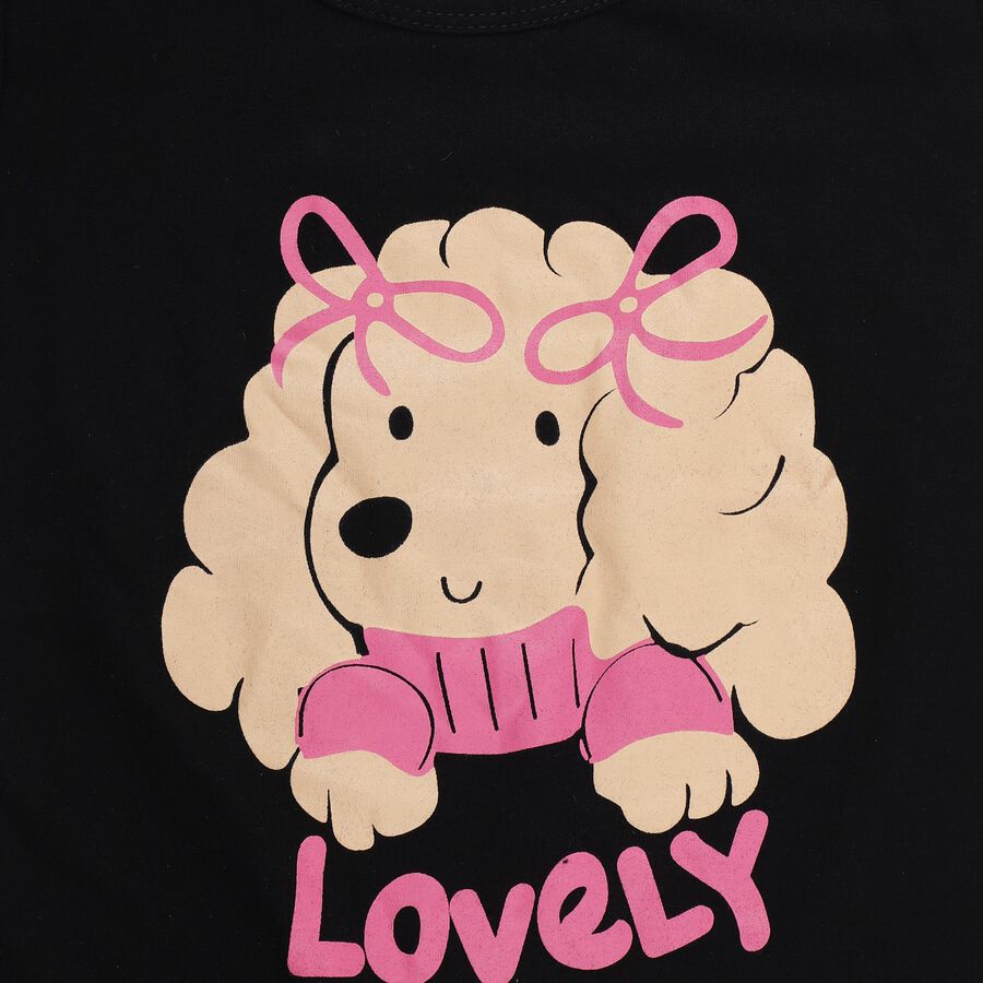 Girls' Black Round Neck Casual T-Shirt, काला, large