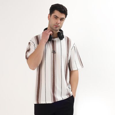 Men's Beige and Brown Round Neck Casual T-Shirt