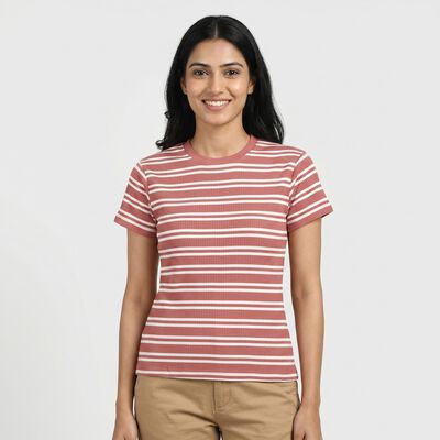 Women's Pink Cotton Blend Round Neck Casual T-Shirt