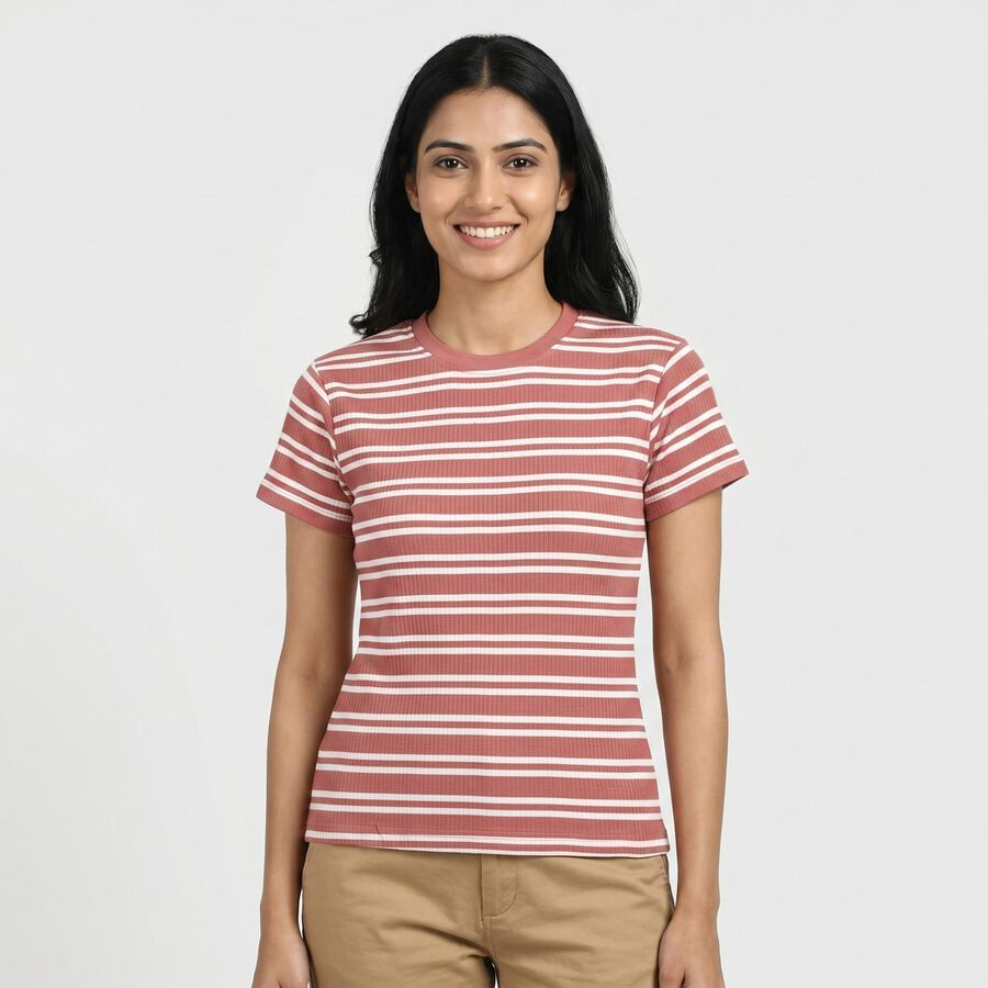 Women's Pink Cotton Blend Round Neck Casual T-Shirt, Pink, large