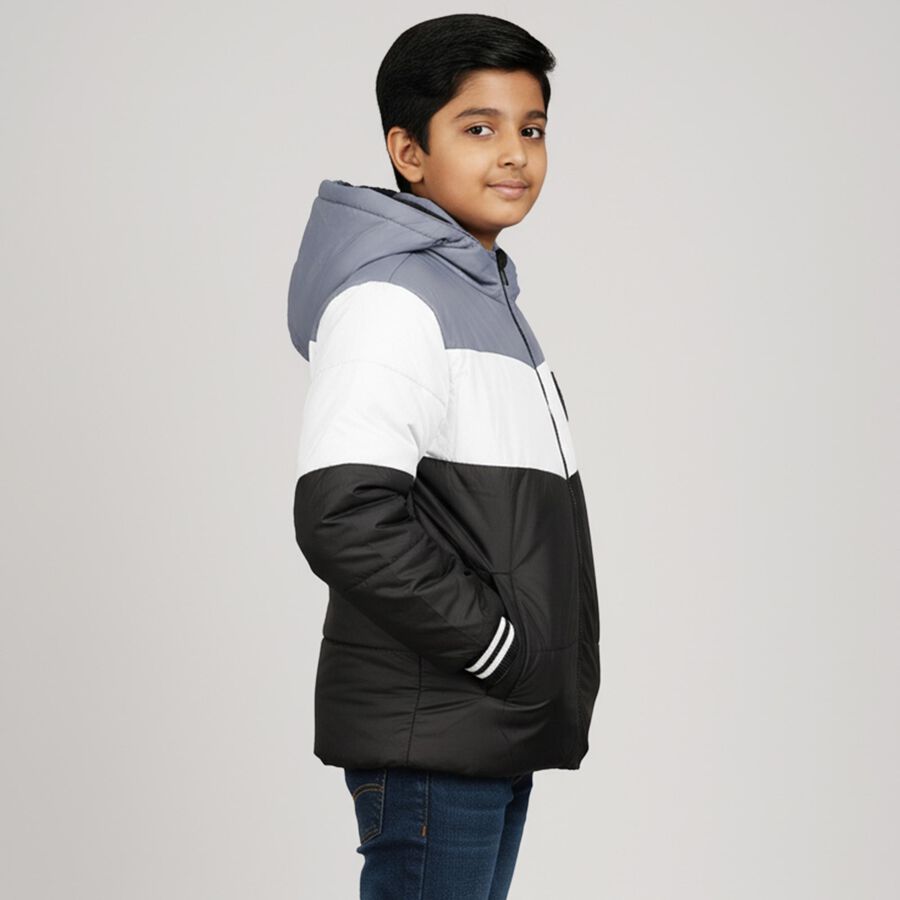 Boys Black and Grey Hooded Puffer Jacket, Light Blue, large image number null