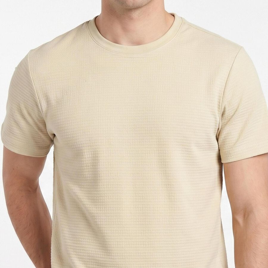 Men's Beige Cotton Round Neck Regular T-Shirt, Beige, large