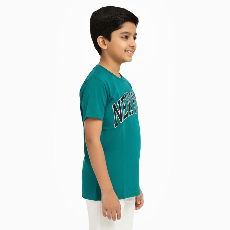 Boys Vibrant Teal Green Crew Neck Casual T-Shirt, गहरा हरा, large image number null