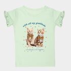 Girls' Mint Green Cotton Round Neck Graphic Print Ruffle Sleeve T-Shirt, Light Green, small