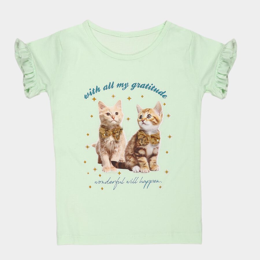 Girls' Mint Green Cotton Round Neck Graphic Print Ruffle Sleeve T-Shirt, Light Green, large