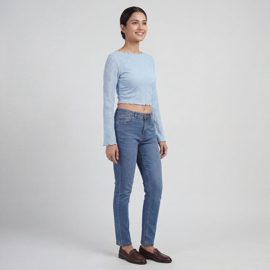 Women's Light Blue Round Neck Casual Top, हल्का नीला, large