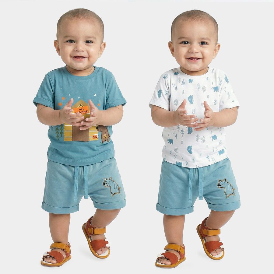 Infants' Blue Cotton Round Neck Cartoon Printed Baba Suit, Teal Blue, large