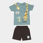 Infants' Light Blue 100% Cotton Round Neck Graphic Print Baba Suit, टील ब्लू, small