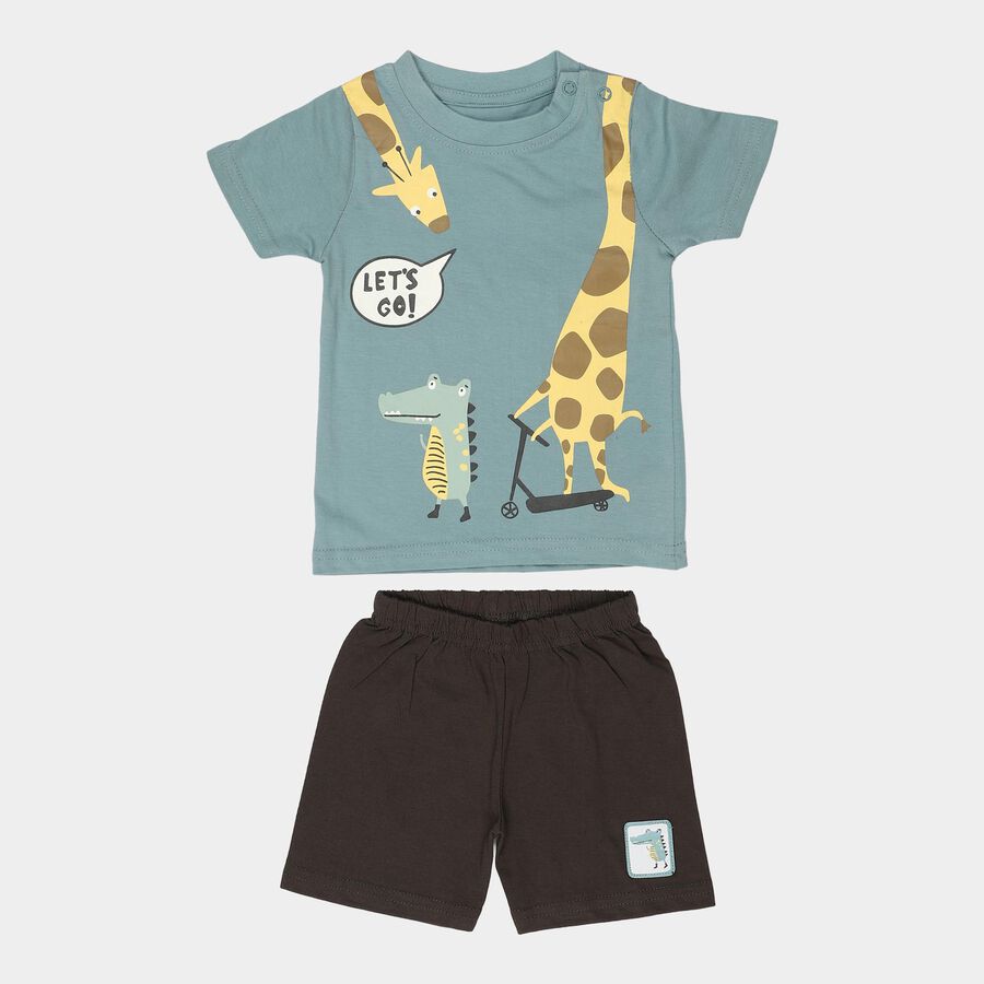 Infants' Light Blue 100% Cotton Round Neck Graphic Print Baba Suit, टील ब्लू, large