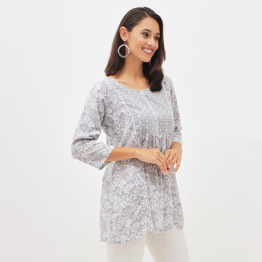 Women's Light Grey Round Neck Floral Printed Kurti, Light Grey, large image number null