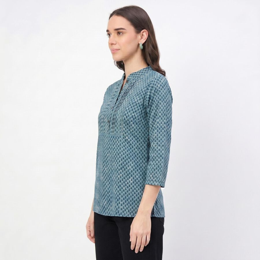 Women's Teal Mandarin Collar Geometric Printed Kurti, Mid Blue, large