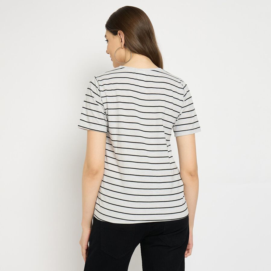 Ladies'  Stripes Round Neck T-Shirt, Melange Light Grey, large image number null