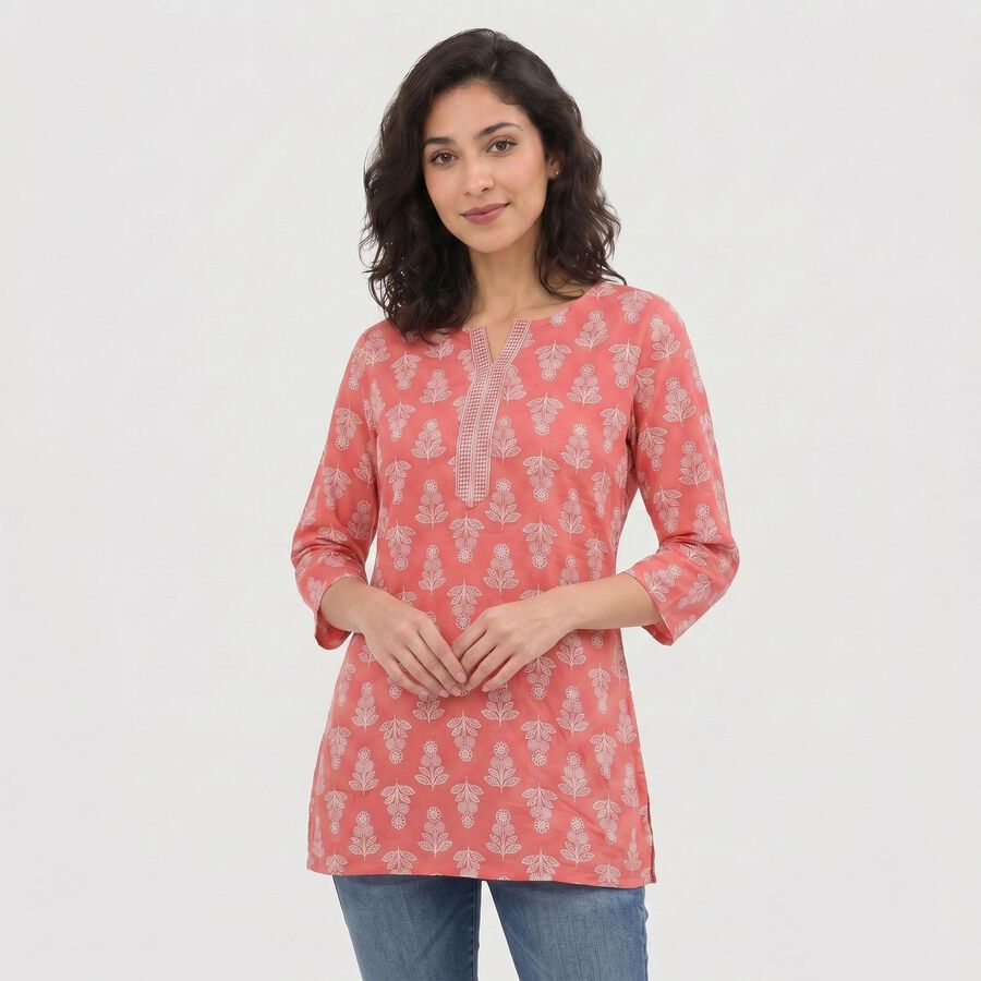 Women's Pink Notch Neck Floral Printed Kurti, Pink, large