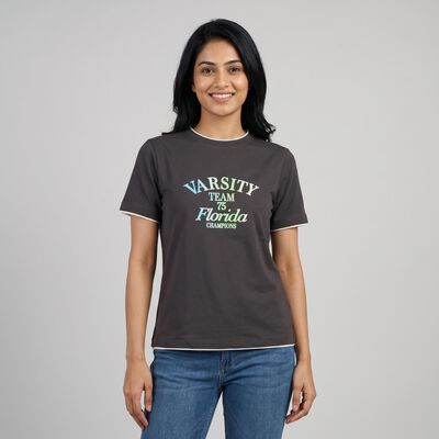 Women's Grey Round Neck Casual T-Shirt