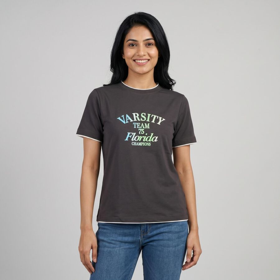 Women's Grey Round Neck Casual T-Shirt, Dark Grey, large
