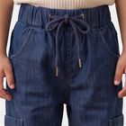 Girls' Navy Blue Cargo Fit Drawstring Waist Jeans, Mid Blue, small
