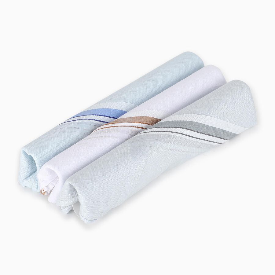Men's White and Light Blue Striped Pack of 3 Handkerchief, Light Grey, large