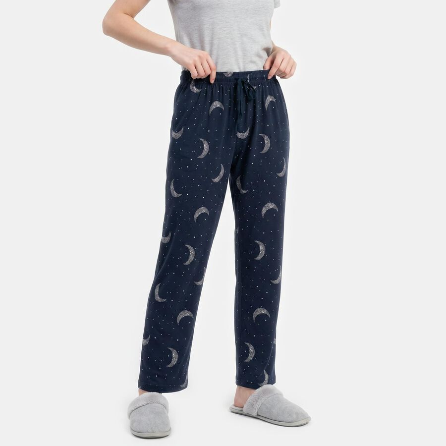Women's Navy Blue Straight Fit Moon Print Pyjama, Navy Blue, large