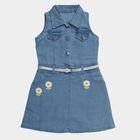 Girls' Blue Regular Fit Floral Patched Sleeveless Denim Frock, Light Blue, small