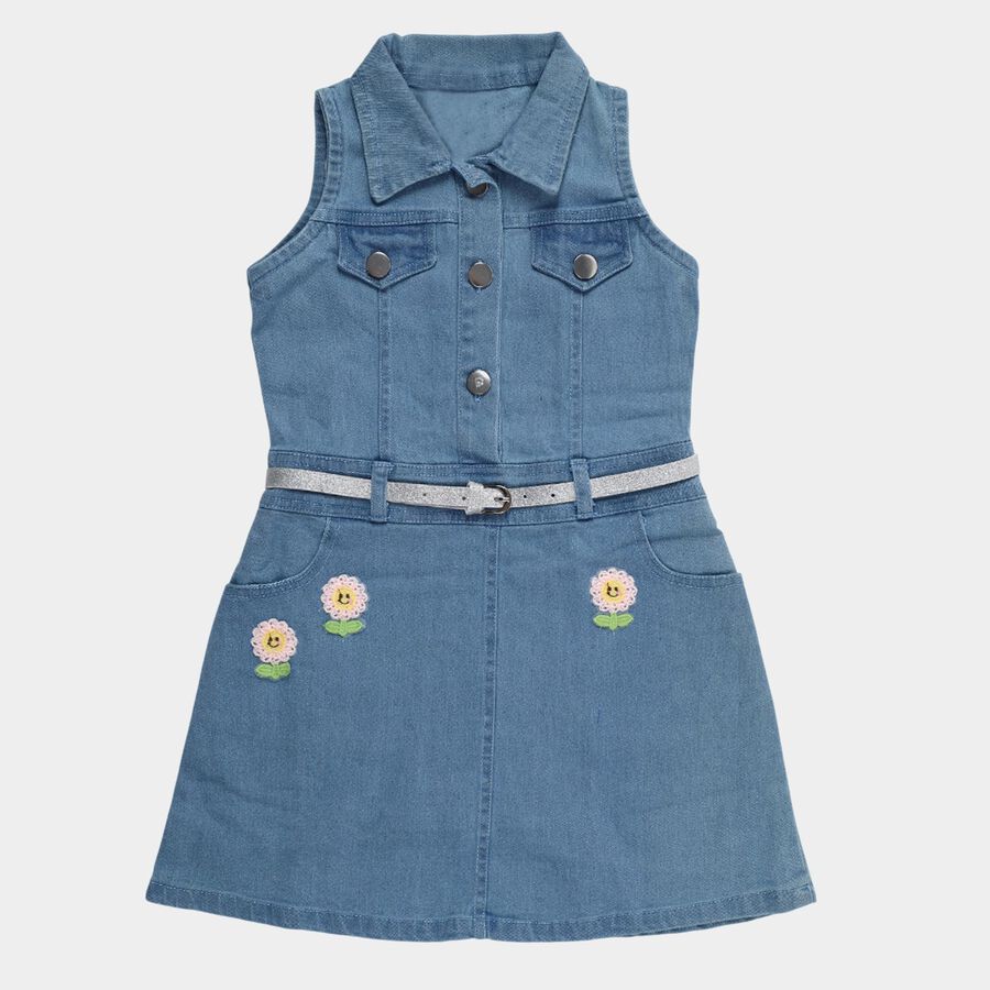 Girls' Blue Regular Fit Floral Patched Sleeveless Denim Frock, Light Blue, large
