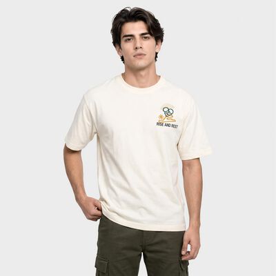 Men's Off White Cotton Round Neck Graphic Print T-Shirt