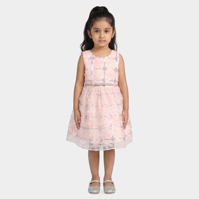 Girls' Pink Fit and Flare Sequin Embellished Party Wear Frock