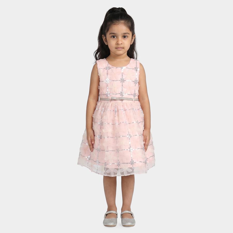 Girls' Pink Fit and Flare Sequin Embellished Party Wear Frock, हल्का गुलाबी, large