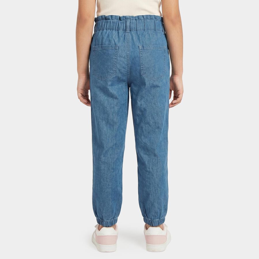 Girls Blue Jogger Fit Lace Applique Jeans, मध्यम नीला, large