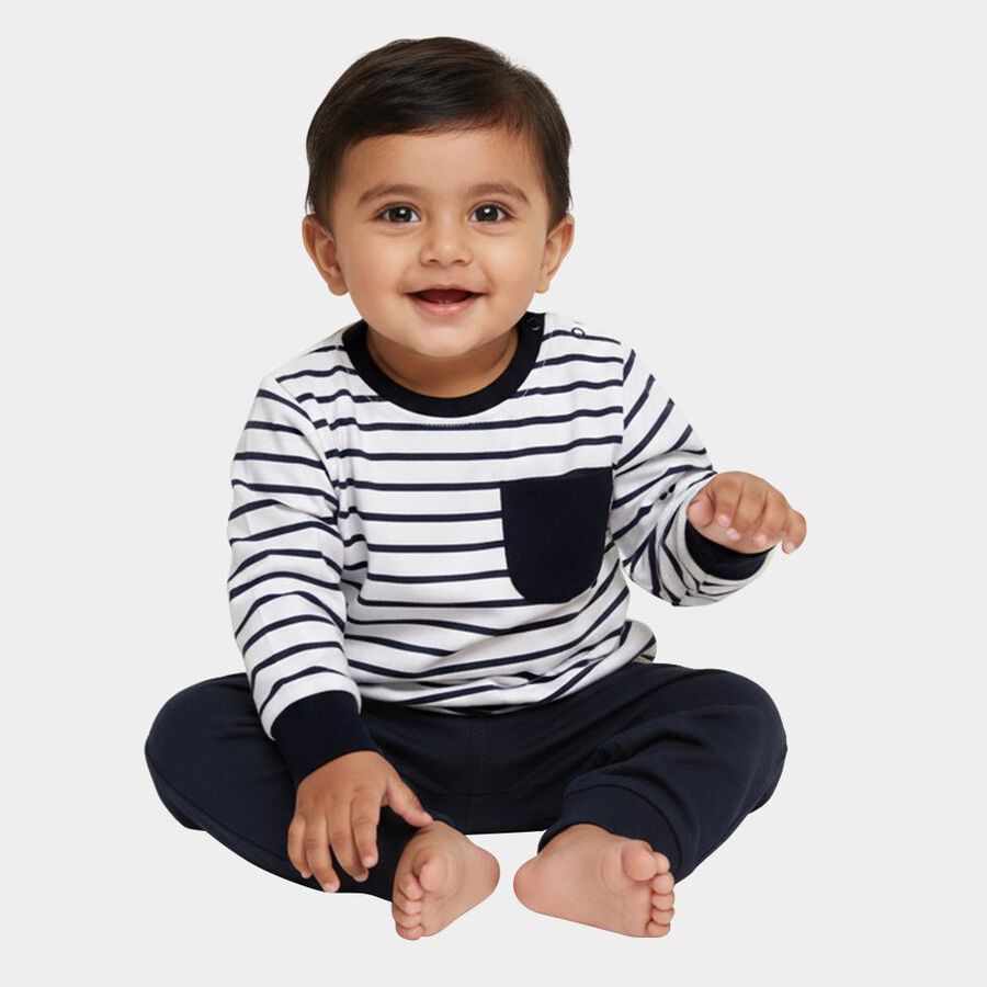 Infants Navy Blue Cotton Round Neck Casual T-Shirt, Navy Blue, large image number null