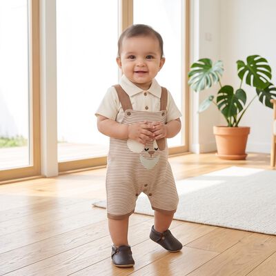 Infants' Beige 100% Cotton Polo Neck Striped Appliqu&eacute; Baba Suit