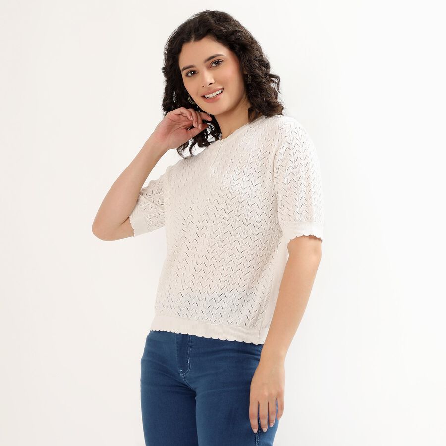 Women's Rich Eggshell White Buttoned Round Neck Casual Top, सफ़ेद, large