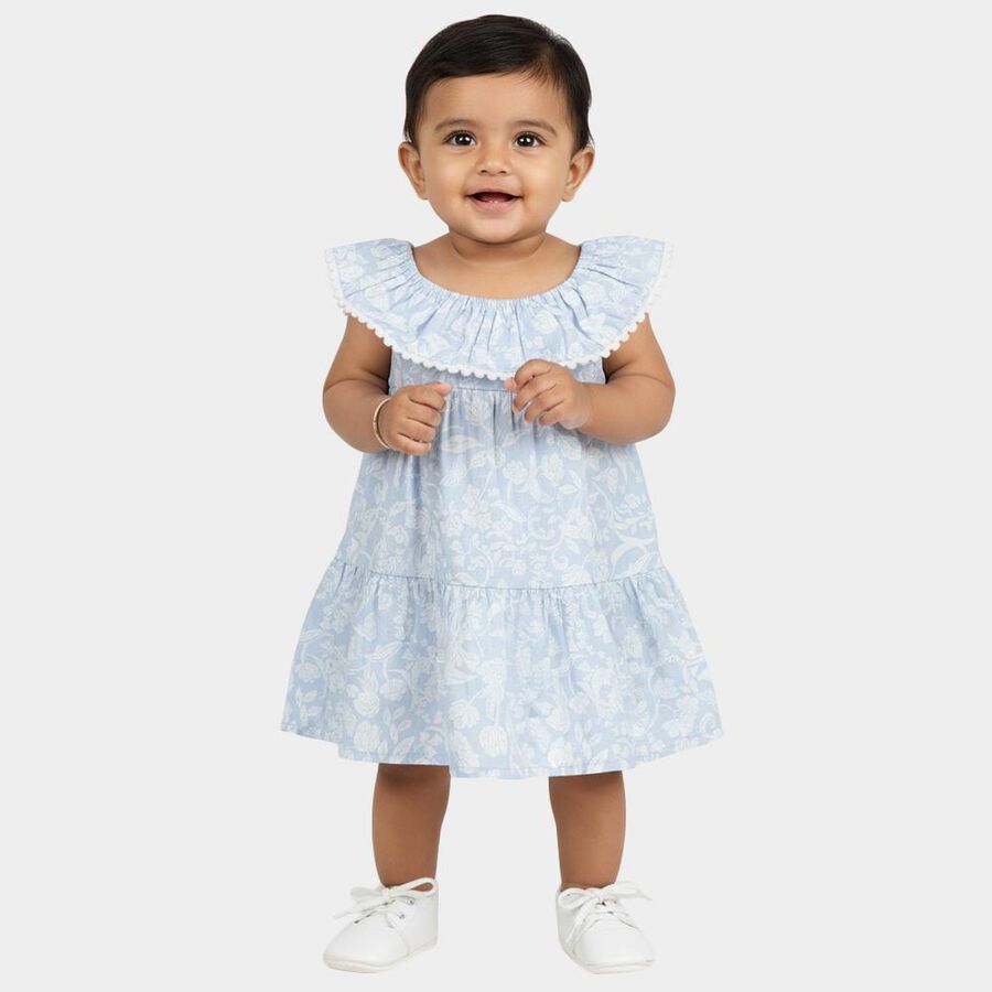 Infants' Blue Floral Print Tiered Sleeveless Frock, Light Blue, large