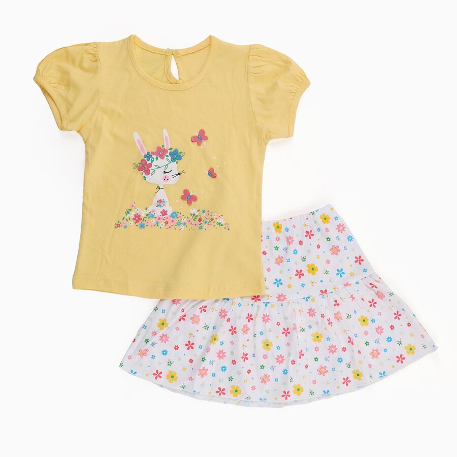 Infants' Bright Yellow Cotton Puff Sleeve Top and Floral Skirt Set, Yellow, large image number null