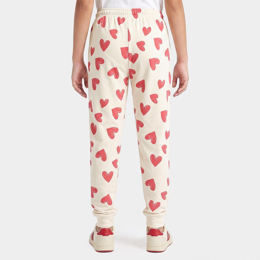 Girls' Cream Jogger Heart Printed Winter Pyjama, ऑफ व्हाइट, large