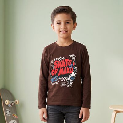 Boys Brown Cotton Blend Round Neck Regular Boys T-Shirt