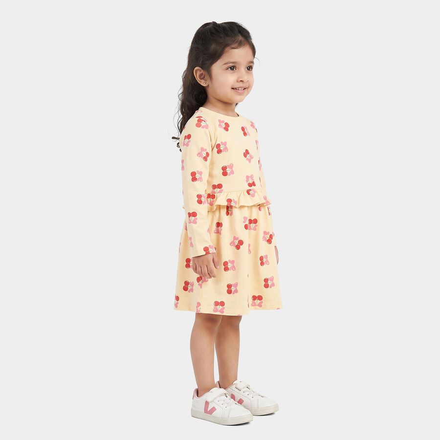 Girls' Cream Printed Fit and Flare Frock, Off White, large