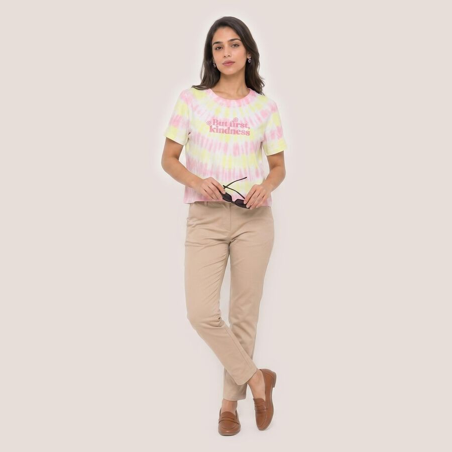 Women's Pink Cotton Round Neck Regular T-Shirt, गुलाबी, large