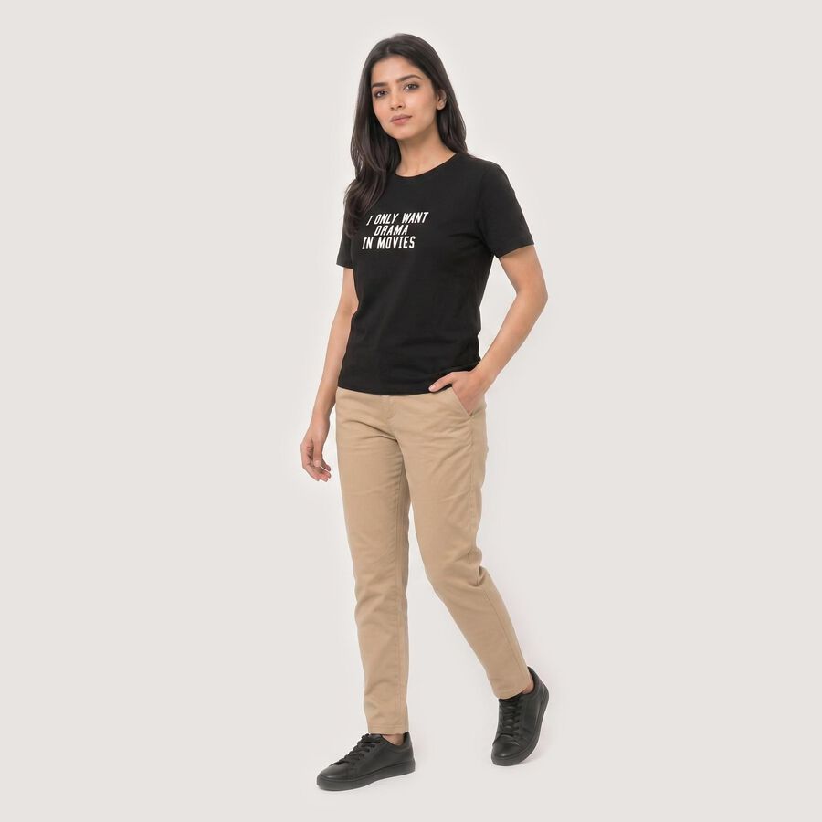 Women's Black Round Neck Regular T-Shirt, Black, large