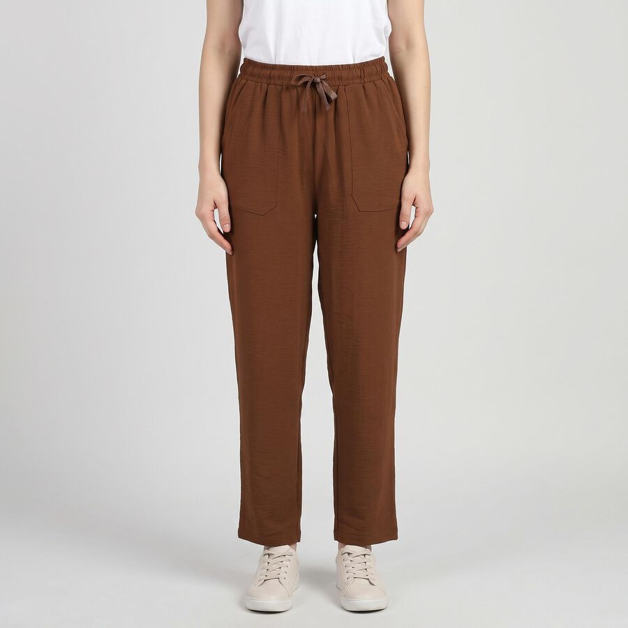 Women's Brown Straight Fit Drawstring Track Pants, भूरा, large