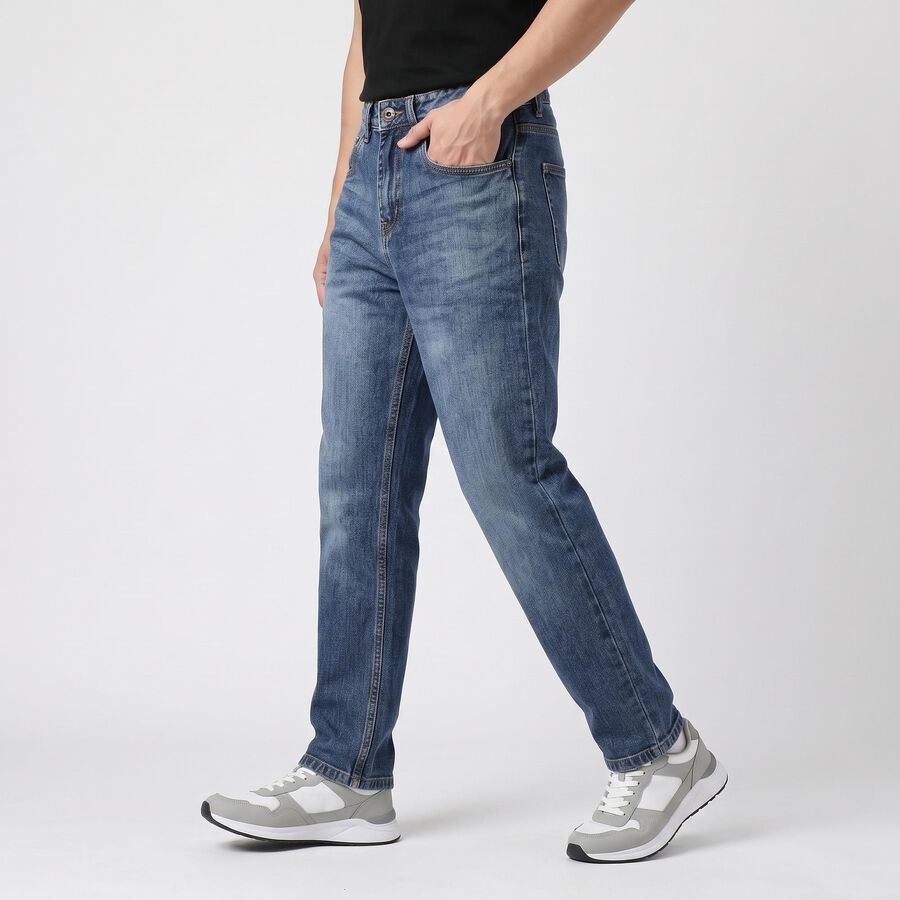 Men's Blue Straight Fit Washed Jeans, गहरा नीला, large