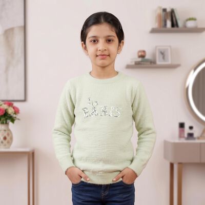 Girls Mint Green Crew Neck Sequin Detail Pullover