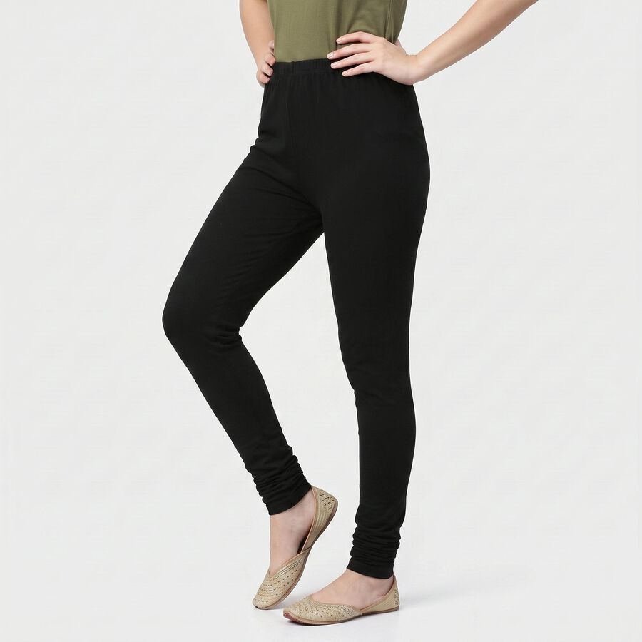 Women's Black Cotton Blend Elastic Waist Skinny Fit Churidar, काला, large
