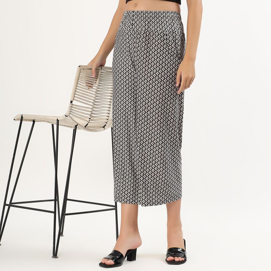 Women's Black And White High-Rise Printed Wide-Leg Trousers, काला, large image number null