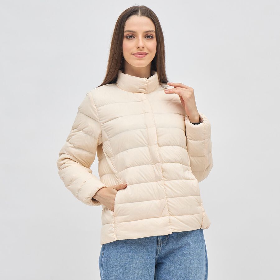Women's Beige High Neck Casual Puffer Jacket, ऑफ व्हाइट, large image number null